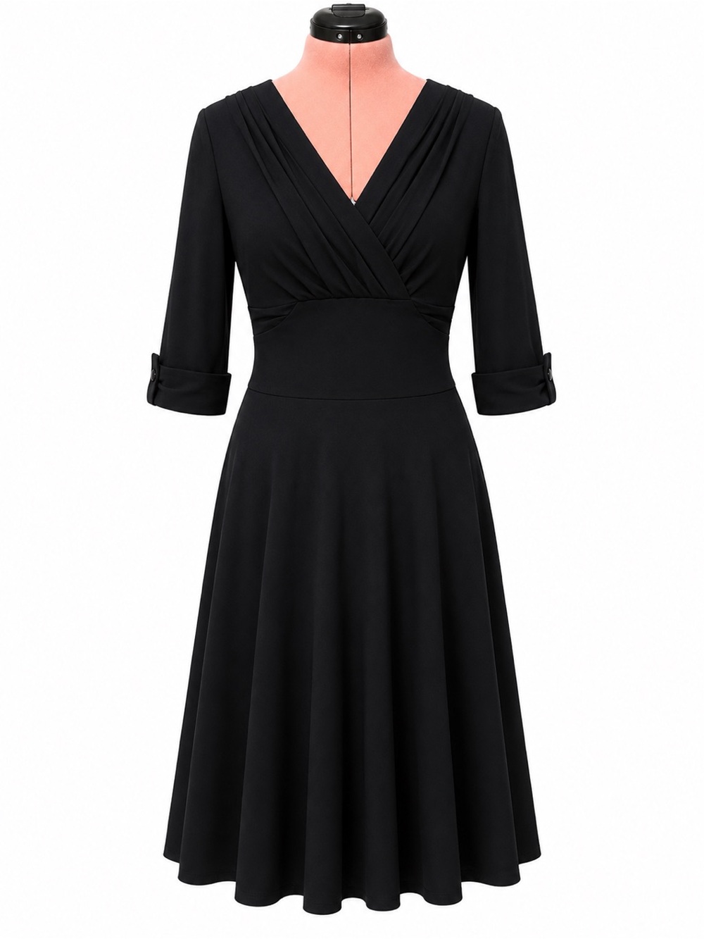 Unique Vintage Black Fit & Flare Dress V-Neck 3/4 Sleeve Retro